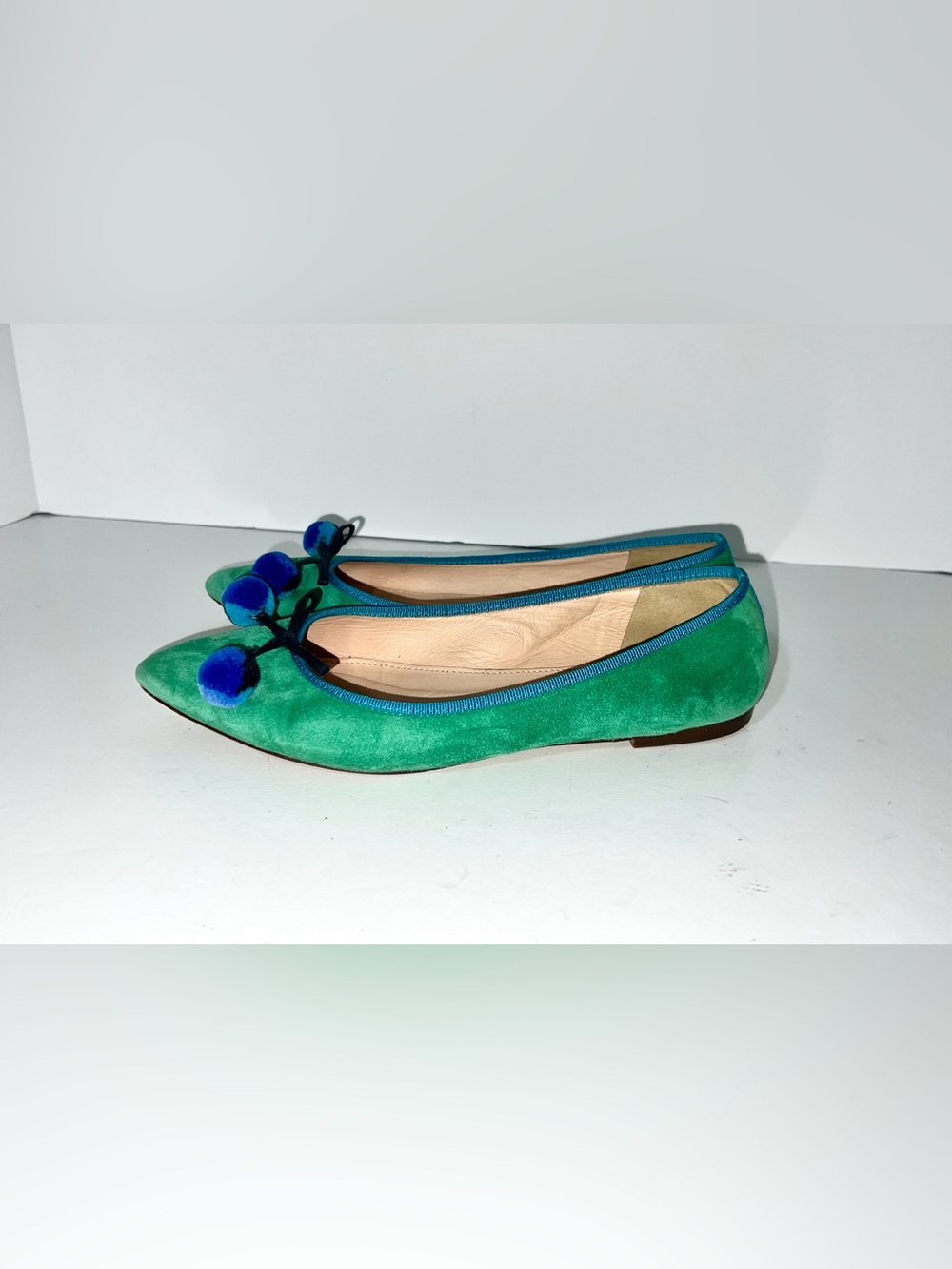 J.Crew Gemma Green Suede Leather Pointed Toe Pom Pom Ballet Flats Size 7.5